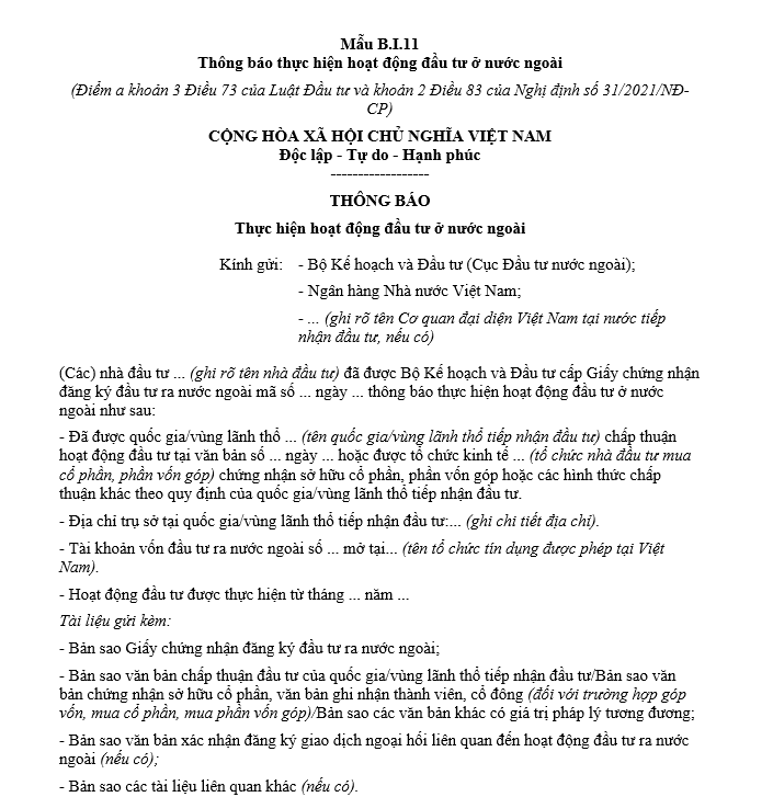 Mẫu thông báo thực hiện hoạt động đầu tư ở nước ngoài Mẫu thông báo thực hiện hoạt động đầu tư ở nước ngoài