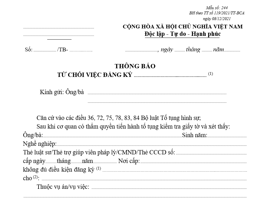Mẫu thông báo từ chối việc đăng ký bào chữa Mẫu thông báo từ chối việc đăng ký bào chữa