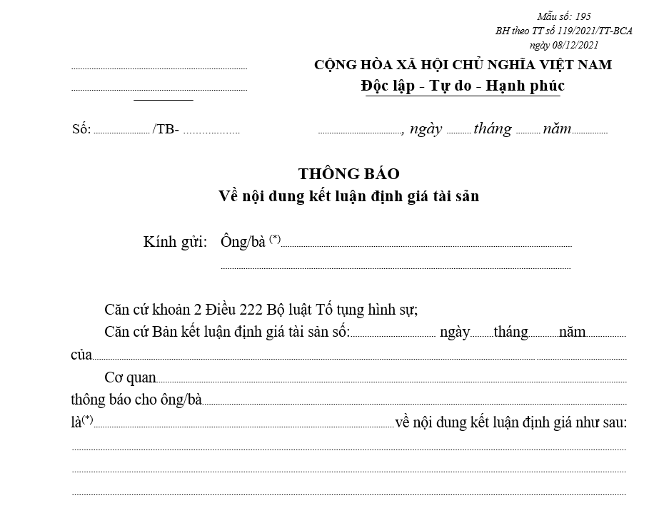 Mẫu thông báo về nội dung kết luận định giá tài sản Mẫu thông báo về nội dung kết luận định giá tài sản