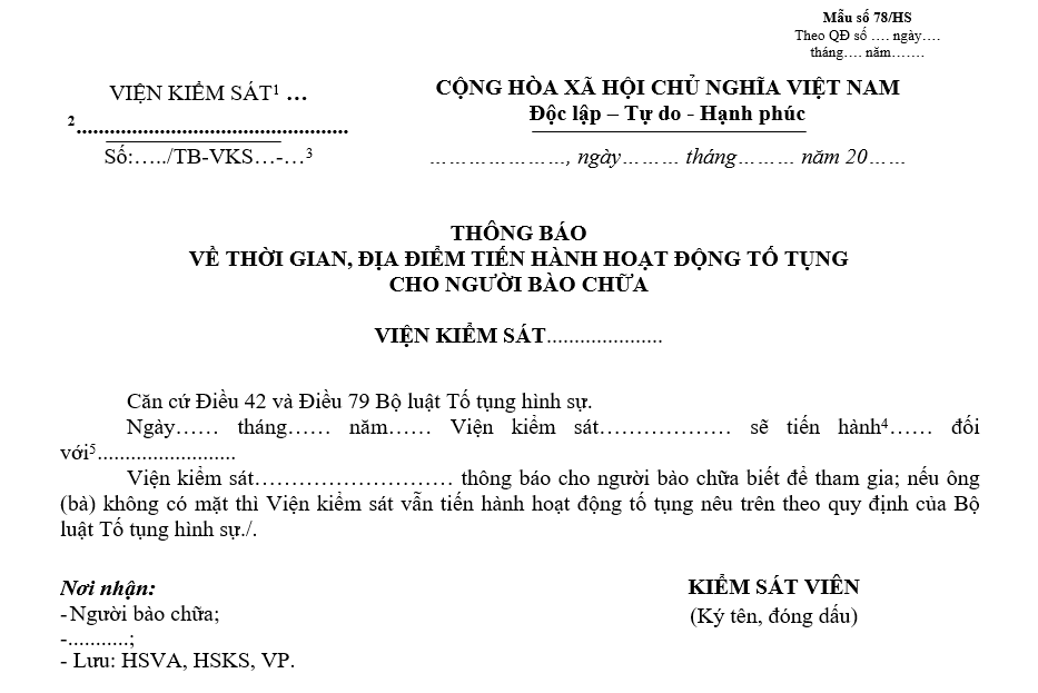 Mẫu thông báo về thời gian, địa điểm tiến hành hoạt động tố tụng cho người bào chữa Mẫu thông báo về thời gian, địa điểm tiến hành hoạt động tố tụng cho người bào chữa