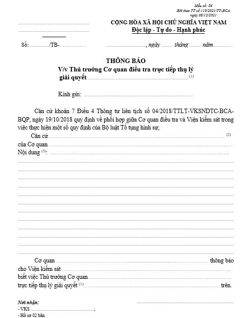 Mẫu thông báo về việc Thủ trưởng Cơ quan điều tra trực tiếp thụ lý giải quyết Mẫu thông báo về việc Thủ trưởng Cơ quan điều tra trực tiếp thụ lý giải quyết