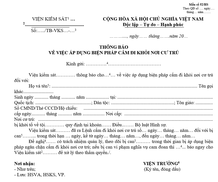 Mẫu thông báo về việc áp dụng biện pháp cấm đi khỏi nơi cư trú Mẫu thông báo về việc áp dụng biện pháp cấm đi khỏi nơi cư trú