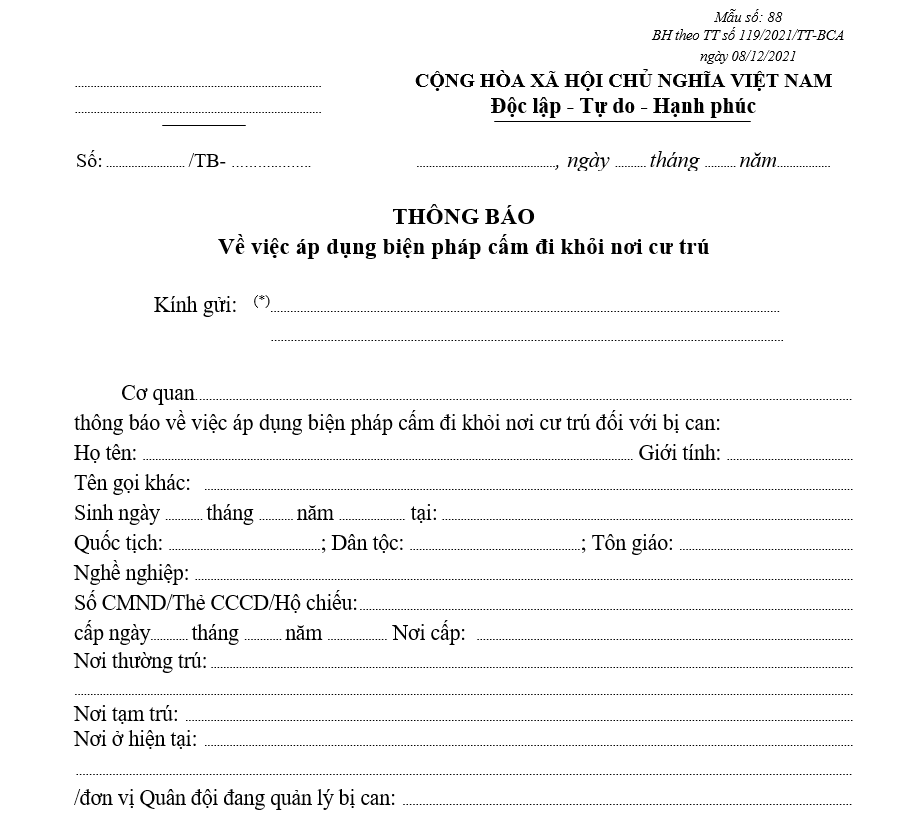 Mẫu thông báo về việc áp dụng biện pháp cấm đi khỏi nơi cư trú Mẫu thông báo về việc áp dụng biện pháp cấm đi khỏi nơi cư trú