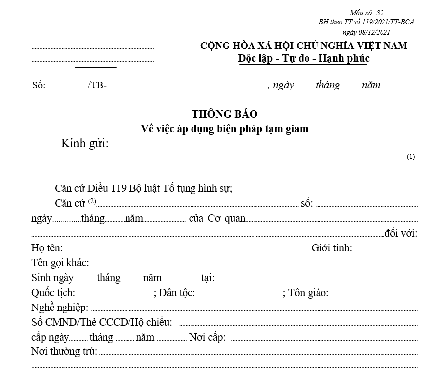 Mẫu thông báo về việc áp dụng biện pháp tạm giam Mẫu thông báo về việc áp dụng biện pháp tạm giam