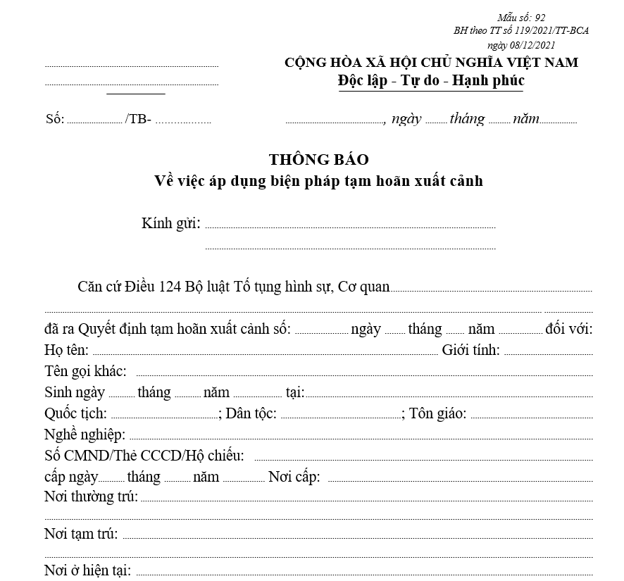 Mẫu thông báo về việc áp dụng biện pháp tạm hoãn xuất cảnh Mẫu thông báo về việc áp dụng biện pháp tạm hoãn xuất cảnh