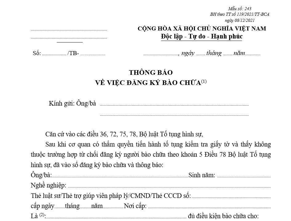 Mẫu thông báo về việc đăng ký bào chữa Mẫu thông báo về việc đăng ký bào chữa
