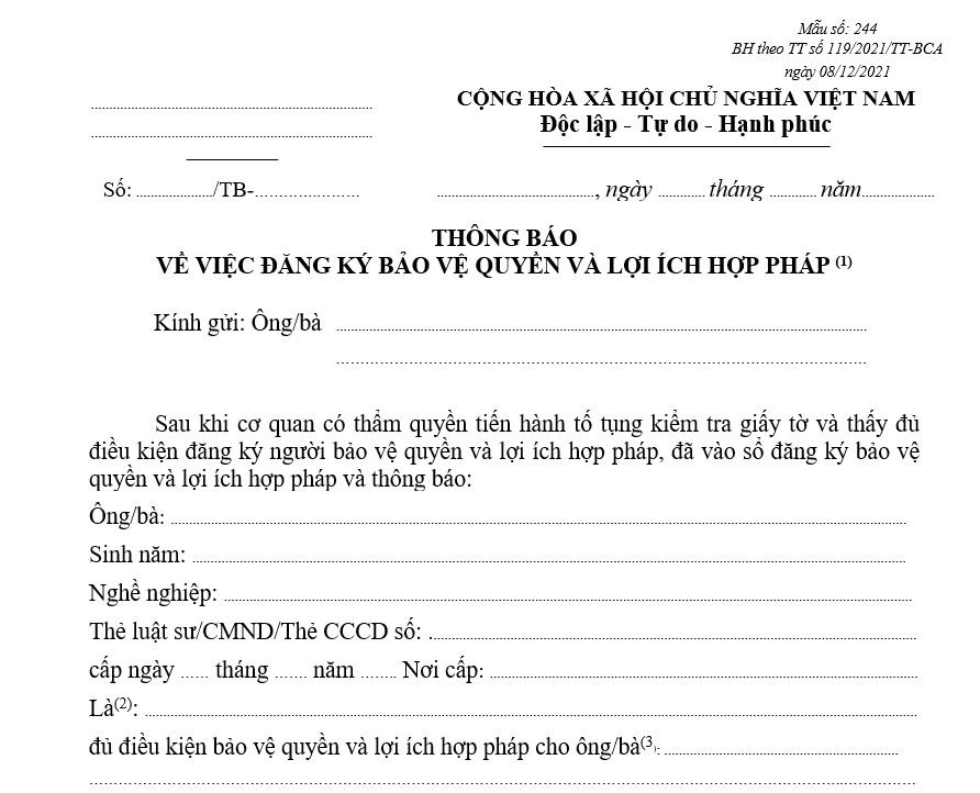 Mẫu thông báo về việc đăng ký bảo vệ quyền và lợi ích hợp pháp Mẫu thông báo về việc đăng ký bảo vệ quyền và lợi ích hợp pháp