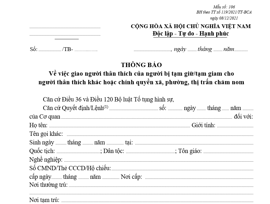Mẫu thông báo về việc giao người thân thích của người bị tạm giữ, tạm giam cho người thân thích khác hoặc chính quyền xã, phường, thị trấn chăm nom Mẫu thông báo về việc giao người thân thích của người bị tạm giữ, tạm giam cho người thân thích khác hoặc chính quyền xã, phường, thị trấn chăm nom