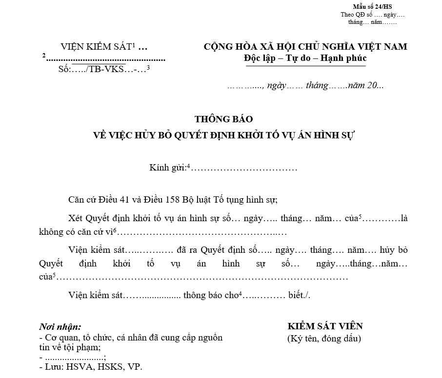 Mẫu thông báo về việc hủy bỏ Quyết định khởi tố vụ án hình sự Mẫu thông báo về việc hủy bỏ Quyết định khởi tố vụ án hình sự