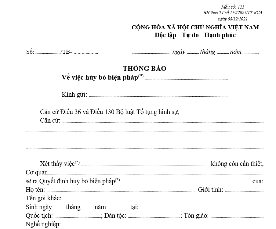 Mẫu thông báo về việc hủy bỏ biện pháp kê biên tài sản, phong tỏa tài khoản Mẫu thông báo về việc hủy bỏ biện pháp kê biên tài sản, phong tỏa tài khoản