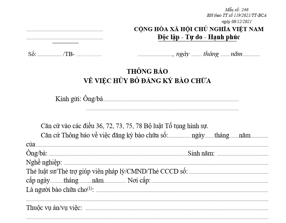 Mẫu thông báo về việc hủy bỏ đăng ký bào chữa Mẫu thông báo về việc hủy bỏ đăng ký bào chữa