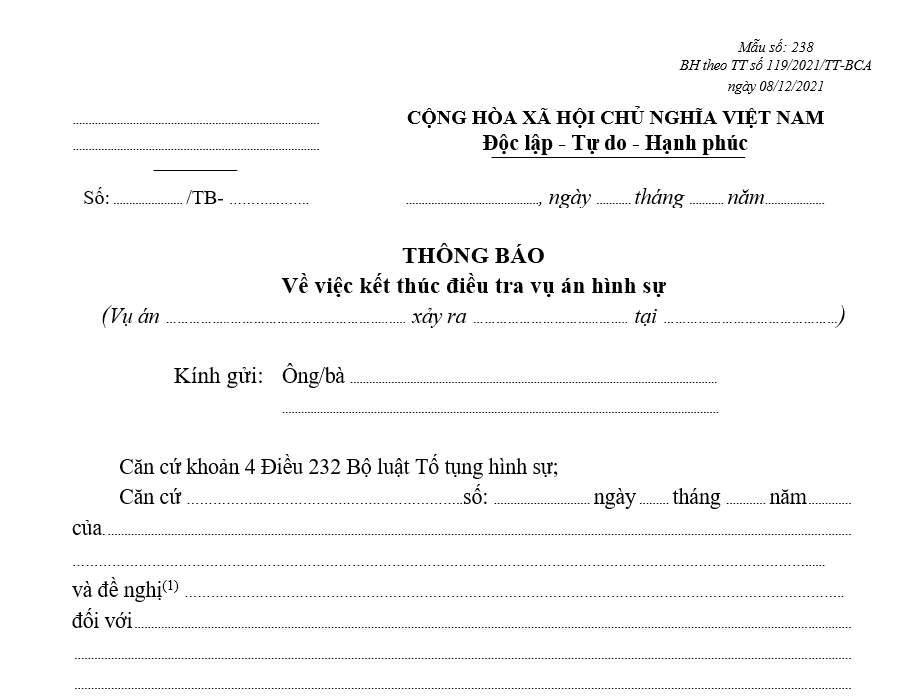 Mẫu thông báo về việc kết thúc điều tra vụ án hình sự Mẫu thông báo về việc kết thúc điều tra vụ án hình sự