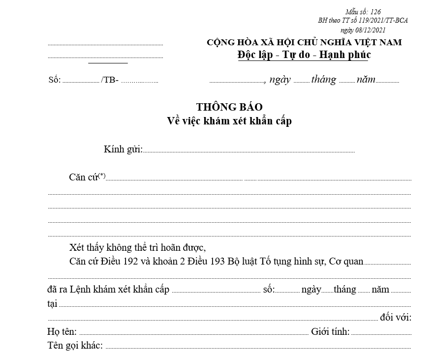 Mẫu thông báo về việc khám xét khẩn cấp Mẫu thông báo về việc khám xét khẩn cấp