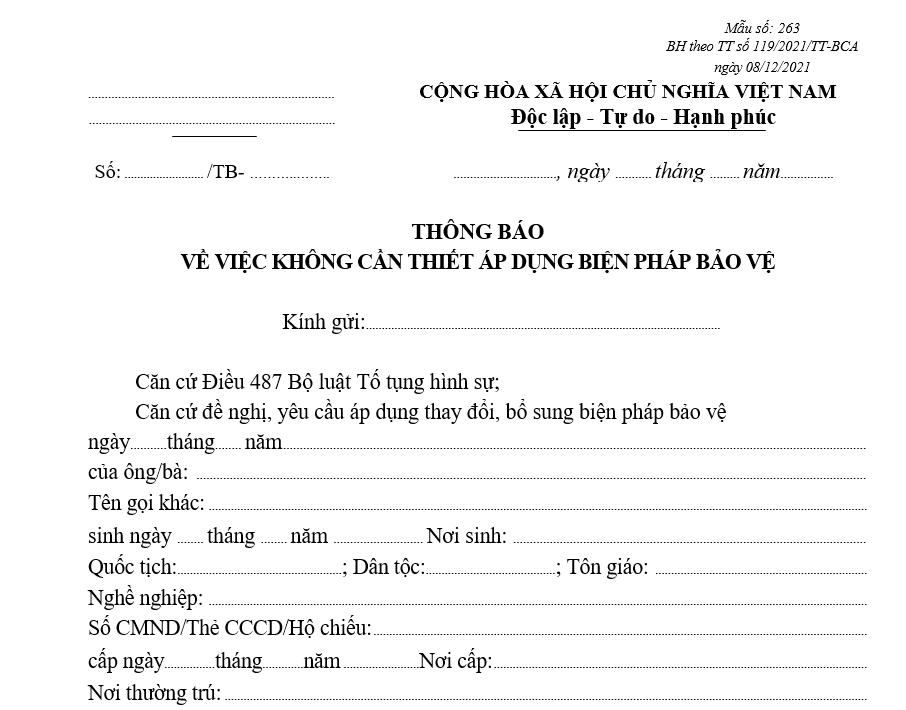 Mẫu thông báo về việc không cần thiết áp dụng biện pháp bảo vệ Mẫu thông báo về việc không cần thiết áp dụng biện pháp bảo vệ