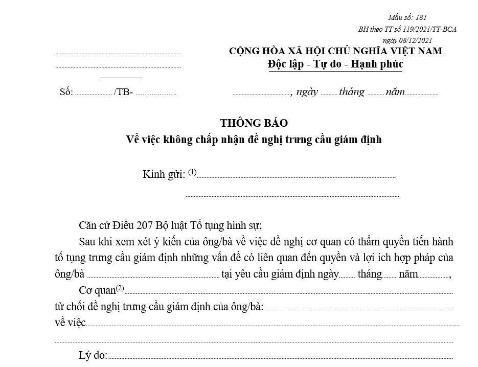 Mẫu thông báo về việc không chấp nhận đề nghị trưng cầu giám định Mẫu thông báo về việc không chấp nhận đề nghị trưng cầu giám định
