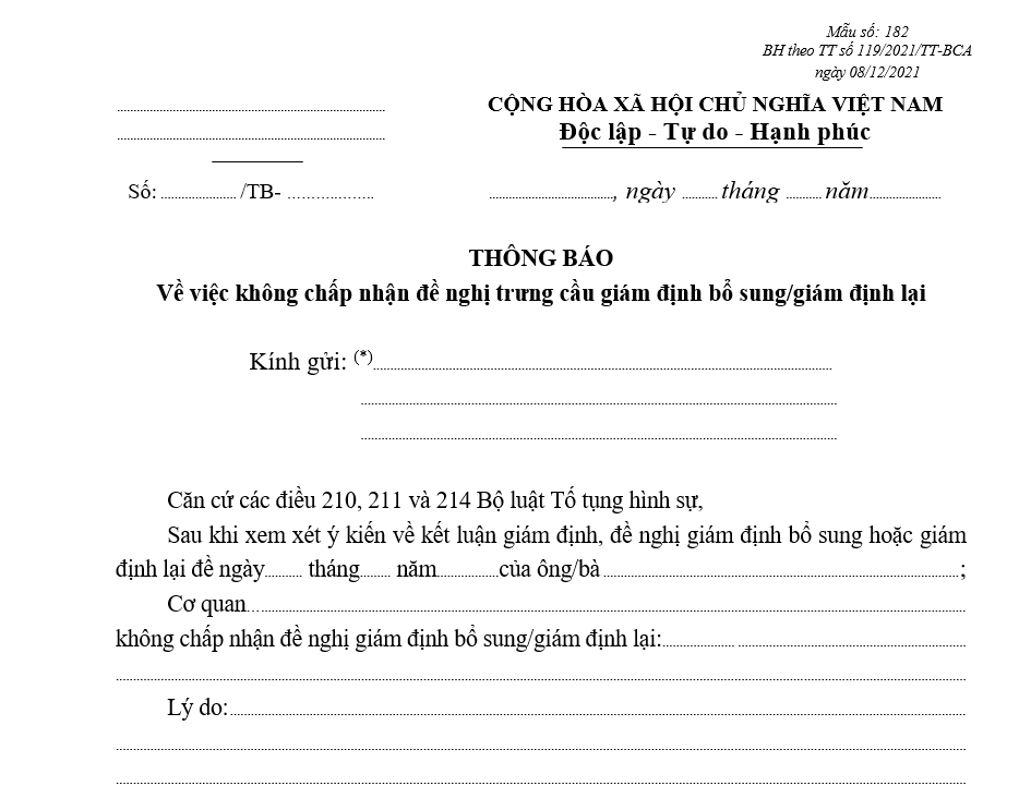Mẫu thông báo về việc không chấp nhận đề nghị trưng cầu giám định bổ sung/giám định lại Mẫu thông báo về việc không chấp nhận đề nghị trưng cầu giám định bổ sung/giám định lại