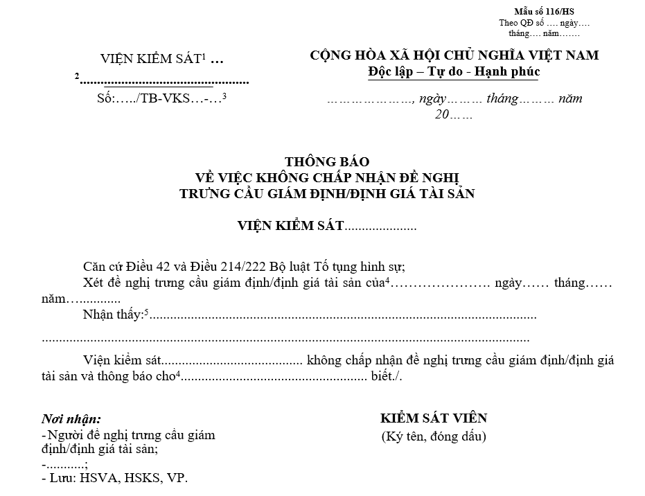 Mẫu thông báo về việc không chấp nhận đề nghị trưng cầu giám định/định giá tài sản Mẫu thông báo về việc không chấp nhận đề nghị trưng cầu giám định/định giá tài sản