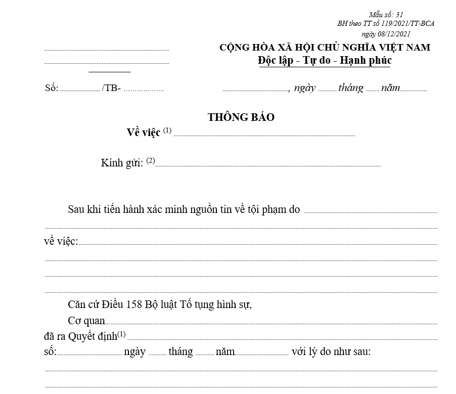 Mẫu thông báo về việc không khởi tố vụ án hình sự/hủy bỏ quyết định khởi tố vụ án hình sự Mẫu thông báo về việc không khởi tố vụ án hình sự/hủy bỏ quyết định khởi tố vụ án hình sự