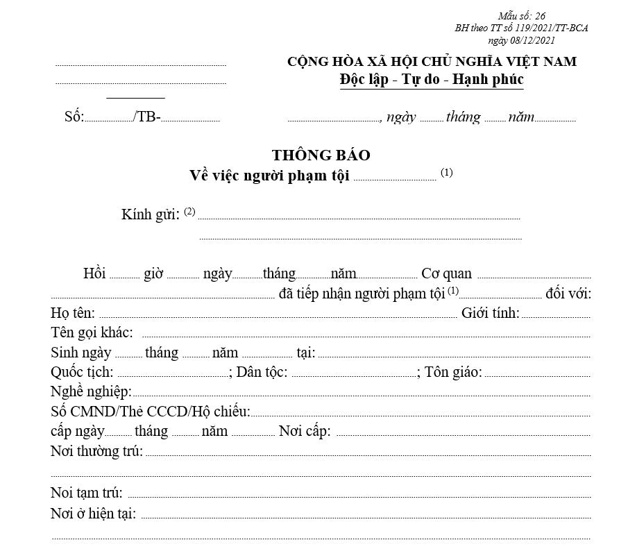 Mẫu thông báo về việc người phạm tội tự thú/đầu thú Mẫu thông báo về việc người phạm tội tự thú/đầu thú