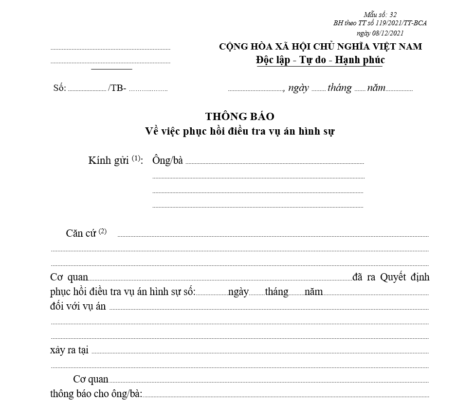 Mẫu thông báo về việc phục hồi điều tra vụ án hình sự Mẫu thông báo về việc phục hồi điều tra vụ án hình sự