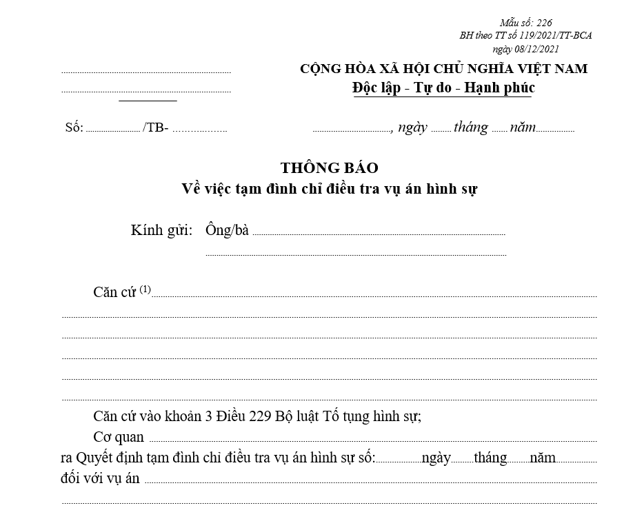 Mẫu thông báo về việc tạm đình chỉ điều tra vụ án hình sự Mẫu thông báo về việc tạm đình chỉ điều tra vụ án hình sự