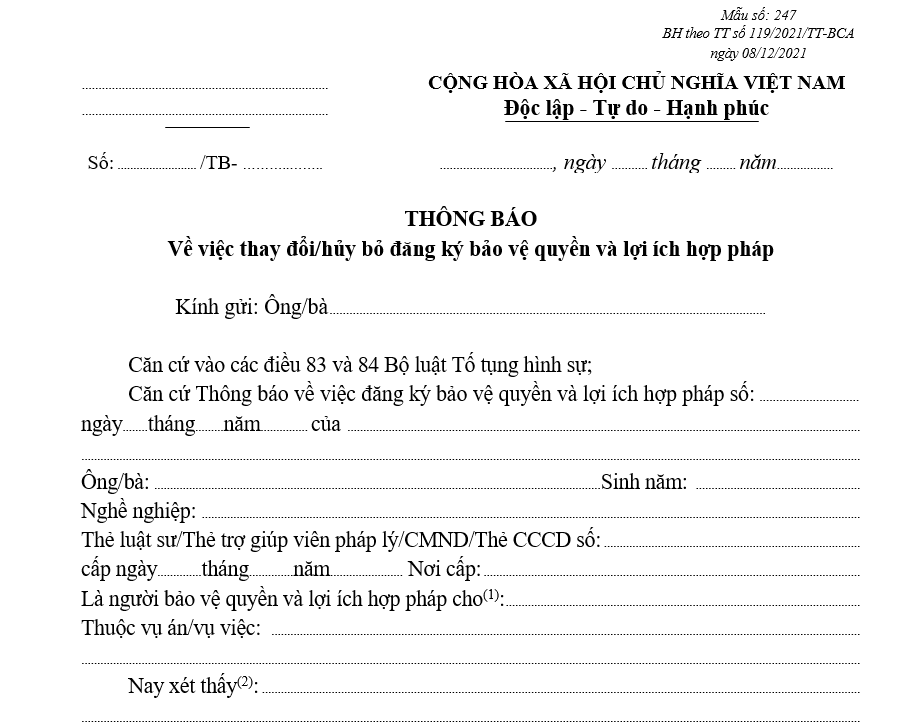 Mẫu thông báo về việc thay đổi/hủy bỏ đăng ký bảo vệ quyền và lợi ích hợp pháp của bị hại, đương sự... Mẫu thông báo về việc thay đổi/hủy bỏ đăng ký bảo vệ quyền và lợi ích hợp pháp của bị hại, đương sự...