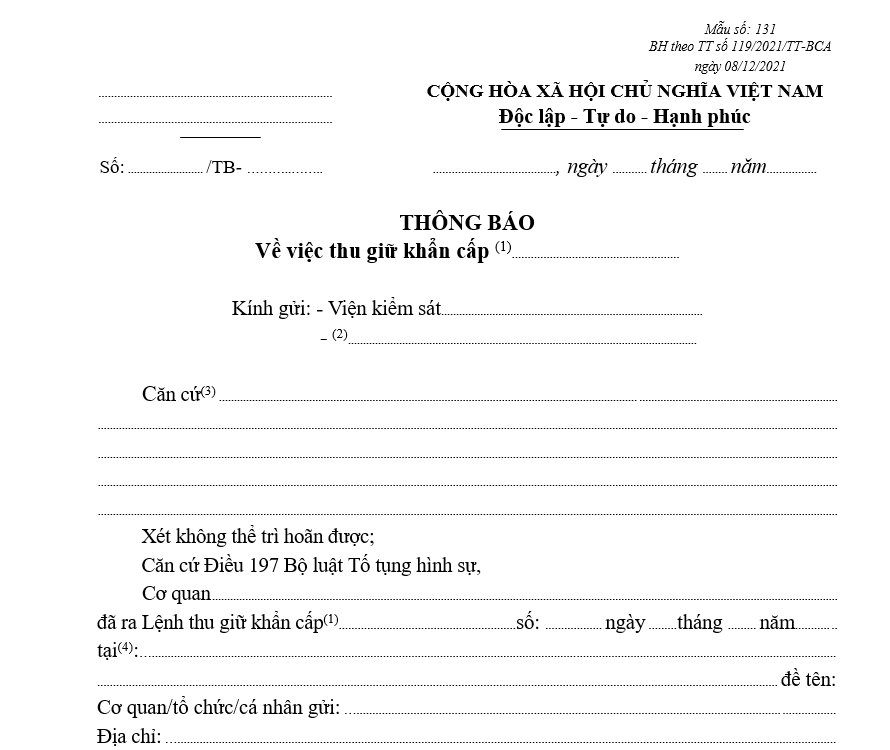 Mẫu thông báo về việc thu giữ khẩn cấp thư tín, điện tín, bưu kiện, bưu phẩm Mẫu thông báo về việc thu giữ khẩn cấp thư tín, điện tín, bưu kiện, bưu phẩm