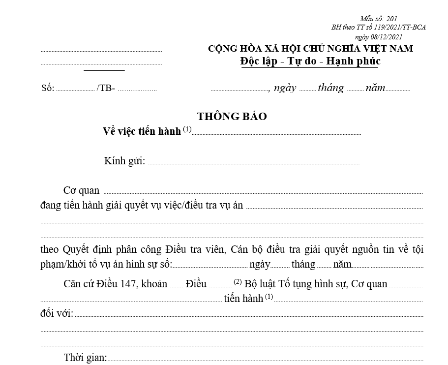Mẫu thông báo về việc tiến hành các biện pháp điều tra Mẫu thông báo về việc tiến hành các biện pháp điều tra