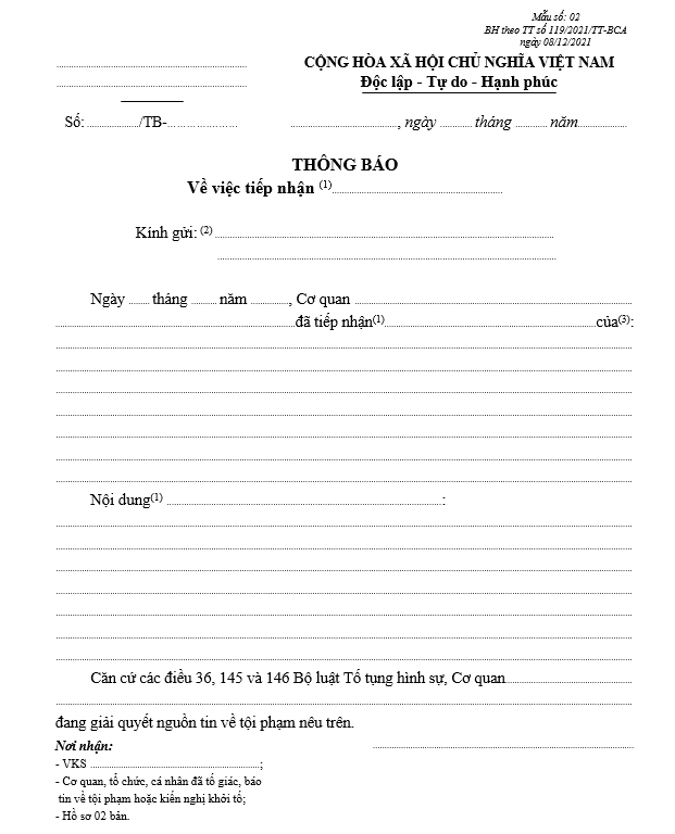 Mẫu thông báo về việc tiếp nhận nguồn tin về tội phạm Mẫu thông báo về việc tiếp nhận nguồn tin về tội phạm