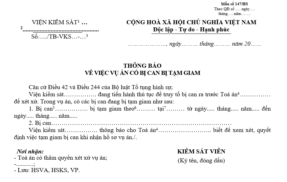 Mẫu thông báo về việc vụ án có bị can đang bị tạm giam Mẫu thông báo về việc vụ án có bị can đang bị tạm giam
