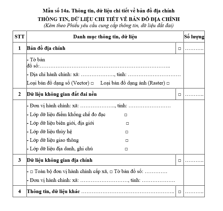 Mẫu thông tin, dữ liệu chi tiết về bản đồ địa chính