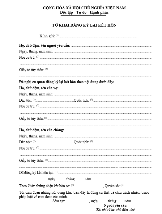 Mẫu tờ khai đăng ký lại kết hôn Mẫu tờ khai đăng ký lại kết hôn