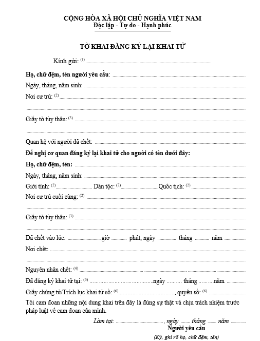 Mẫu tờ khai đăng ký lại khai tử Mẫu tờ khai đăng ký lại khai tử