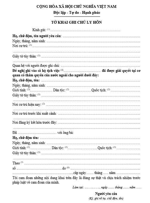 Mẫu tờ khai ghi chú ly hôn Mẫu tờ khai ghi chú ly hôn