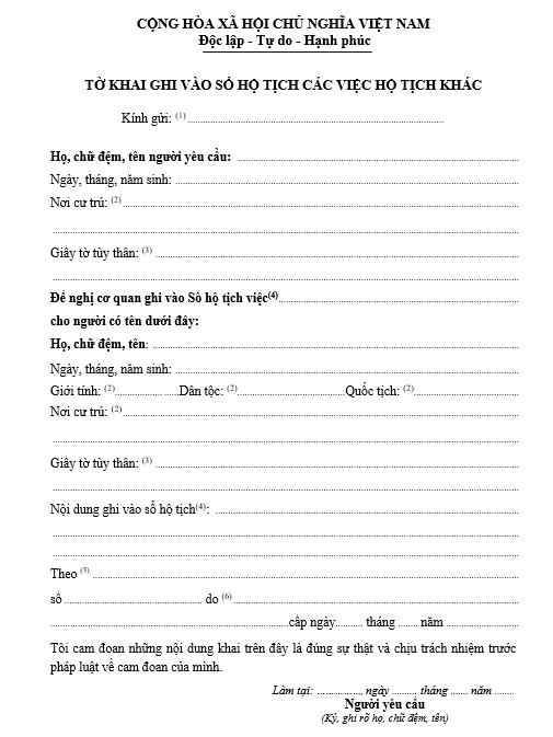 Mẫu tờ khai ghi vào sổ hộ tịch các việc hộ tịch khác Mẫu tờ khai ghi vào sổ hộ tịch các việc hộ tịch khác