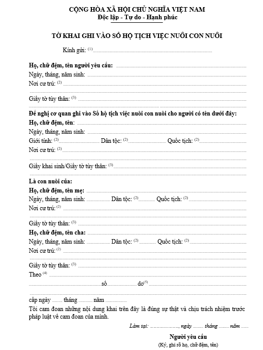 Mẫu tờ khai ghi vào sổ hộ tịch việc nuôi con nuôi Mẫu tờ khai ghi vào sổ hộ tịch việc nuôi con nuôi
