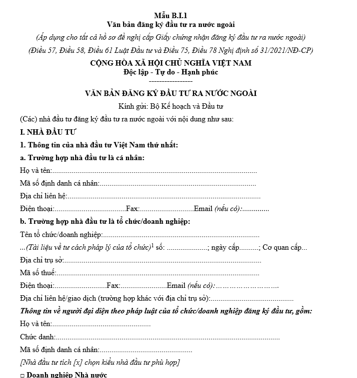 Mẫu văn bản đăng ký đầu tư ra nước ngoài (Áp dụng cho tất cả hồ sơ đề nghị cấp Giấy chứng nhận đăng ký đầu tư ra nước ngoài) Mẫu văn bản đăng ký đầu tư ra nước ngoài (Áp dụng cho tất cả hồ sơ đề nghị cấp Giấy chứng nhận đăng ký đầu tư ra nước ngoài)