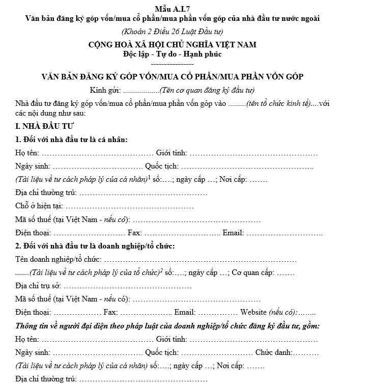 Mẫu văn bản đăng ký góp vốn/mua cổ phần/mua phần vốn góp của nhà đầu tư nước ngoài Mẫu văn bản đăng ký góp vốn/mua cổ phần/mua phần vốn góp của nhà đầu tư nước ngoài