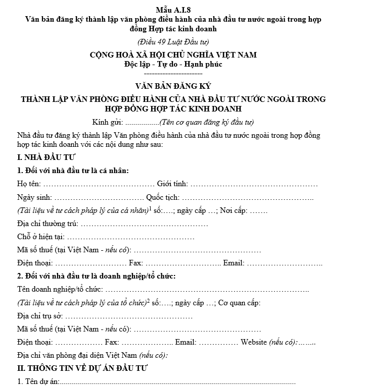Mẫu văn bản đăng ký thành lập văn phòng điều hành của nhà đầu tư nước ngoài trong hợp đồng hợp tác kinh doanh Mẫu văn bản đăng ký thành lập văn phòng điều hành của nhà đầu tư nước ngoài trong hợp đồng hợp tác kinh doanh