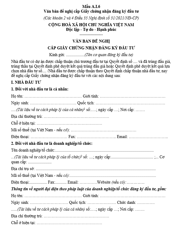 Mẫu văn bản đề nghị cấp Giấy chứng nhận đăng ký đầu tư Mẫu văn bản đề nghị cấp Giấy chứng nhận đăng ký đầu tư
