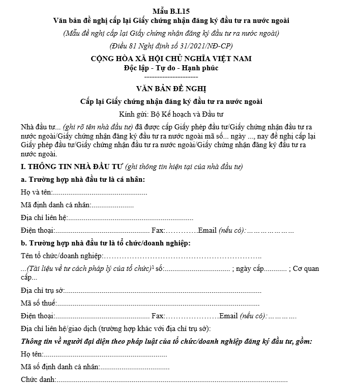 Mẫu văn bản đề nghị cấp lại Giấy chứng nhận đăng ký đầu tư ra nước ngoài Mẫu văn bản đề nghị cấp lại Giấy chứng nhận đăng ký đầu tư ra nước ngoài