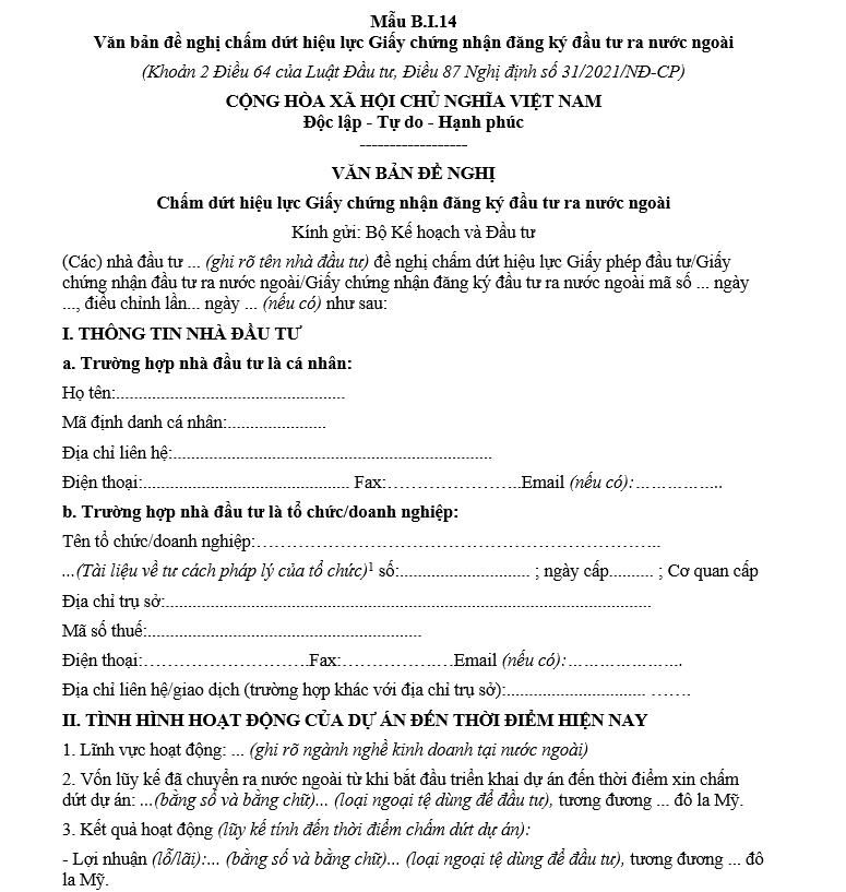Mẫu văn bản đề nghị chấm dứt hiệu lực Giấy chứng nhận đăng ký đầu tư ra nước ngoài Mẫu văn bản đề nghị chấm dứt hiệu lực Giấy chứng nhận đăng ký đầu tư ra nước ngoài