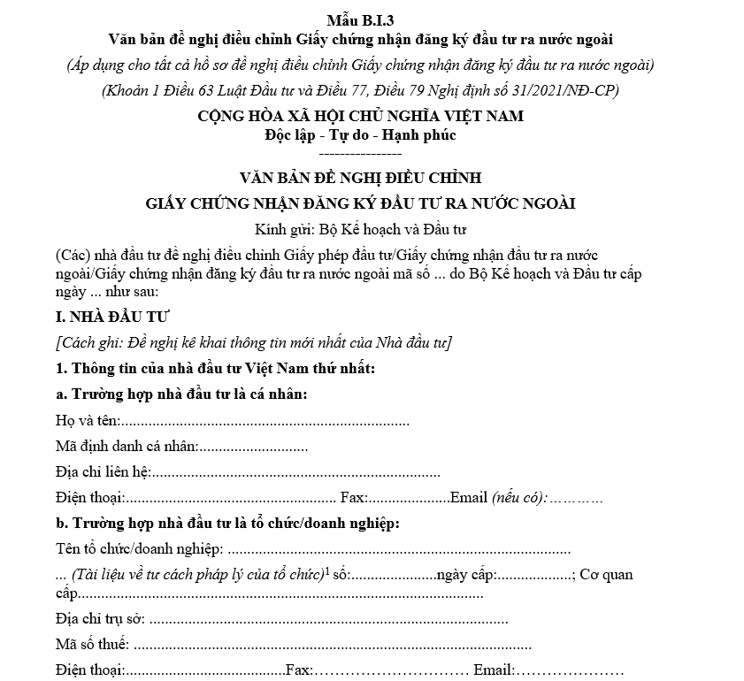 Mẫu văn bản đề nghị điều chỉnh Giấy chứng nhận đăng ký đầu tư ra nước ngoài (Áp dụng cho tất cả hồ sơ đề nghị điều chỉnh Giấy chứng nhận đăng ký đầu tư ra nước ngoài) Mẫu văn bản đề nghị điều chỉnh Giấy chứng nhận đăng ký đầu tư ra nước ngoài (Áp dụng cho tất cả hồ sơ đề nghị điều chỉnh Giấy chứng nhận đăng ký đầu tư ra nước ngoài)