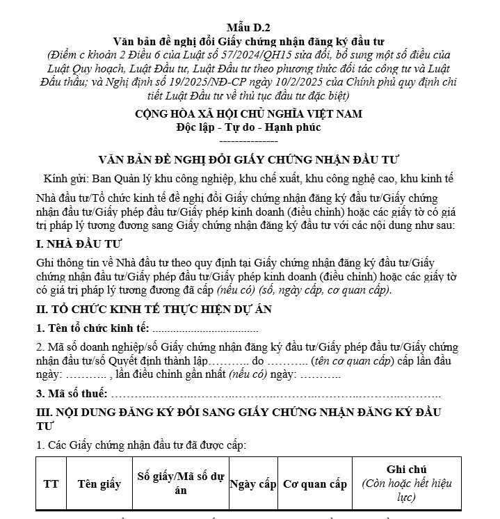 Mẫu văn bản đề nghị đổi giấy chứng nhận đăng ký đầu tư Mẫu văn bản đề nghị đổi giấy chứng nhận đăng ký đầu tư
