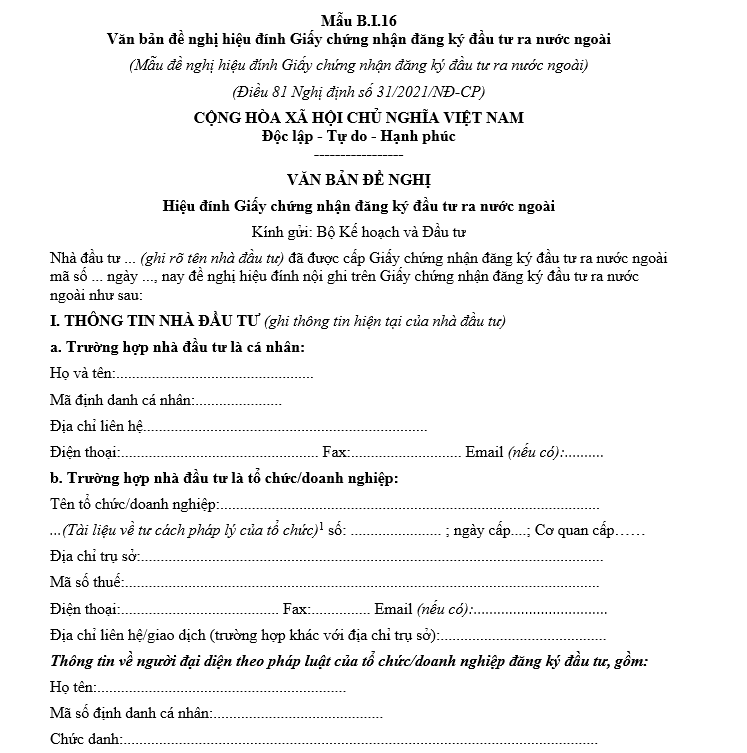 Mẫu văn bản đề nghị hiệu đính Giấy chứng nhận đăng ký đầu tư ra nước ngoài Mẫu văn bản đề nghị hiệu đính Giấy chứng nhận đăng ký đầu tư ra nước ngoài