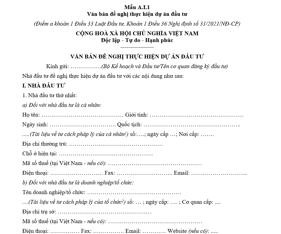 Mẫu văn bản đề nghị thực hiện dự án đầu tư áp dụng đối với nhà đầu tư Mẫu văn bản đề nghị thực hiện dự án đầu tư áp dụng đối với nhà đầu tư