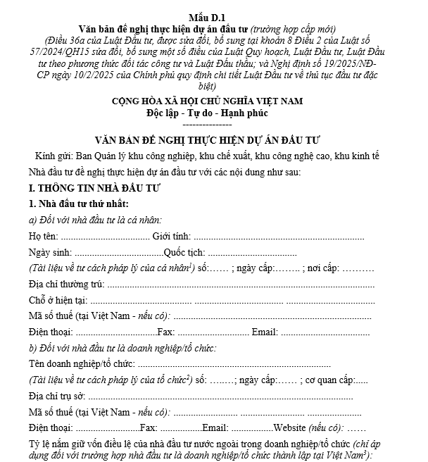 Mẫu văn bản đề nghị thực hiện dự án đầu tư (trường hợp cấp mới) Mẫu văn bản đề nghị thực hiện dự án đầu tư (trường hợp cấp mới)