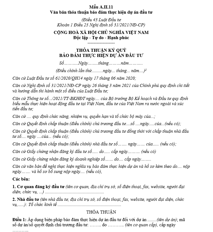 Mẫu văn bản thỏa thuận bảo đảm thực hiện dự án đầu tư Mẫu văn bản thỏa thuận bảo đảm thực hiện dự án đầu tư