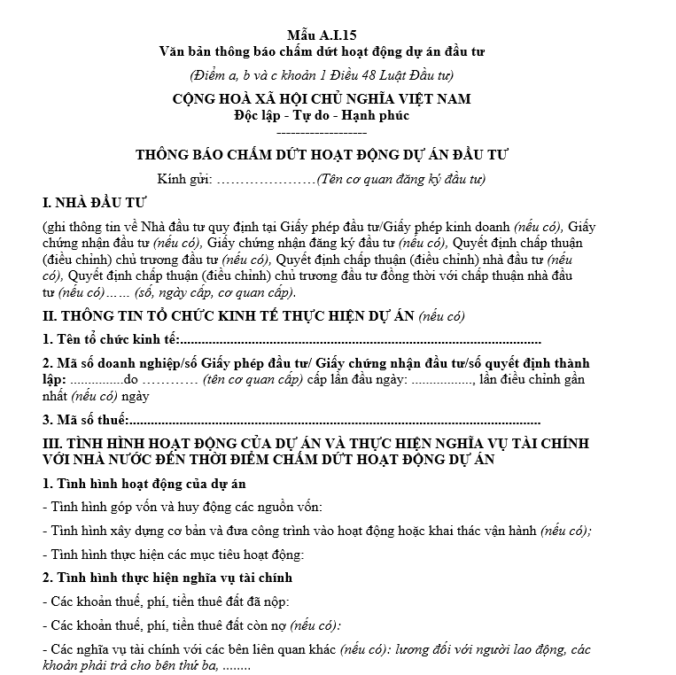 Mẫu văn bản thông báo chấm dứt hoạt động dự án đầu tư Mẫu văn bản thông báo chấm dứt hoạt động dự án đầu tư