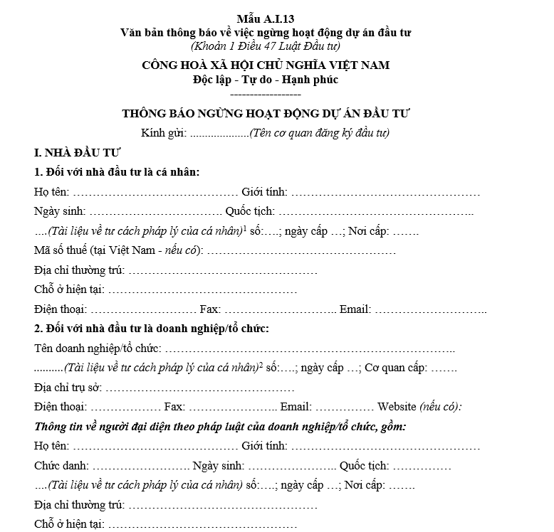 Mẫu văn bản thông báo của nhà đầu tư về việc ngừng hoạt động dự án đầu tư Mẫu văn bản thông báo của nhà đầu tư về việc ngừng hoạt động dự án đầu tư